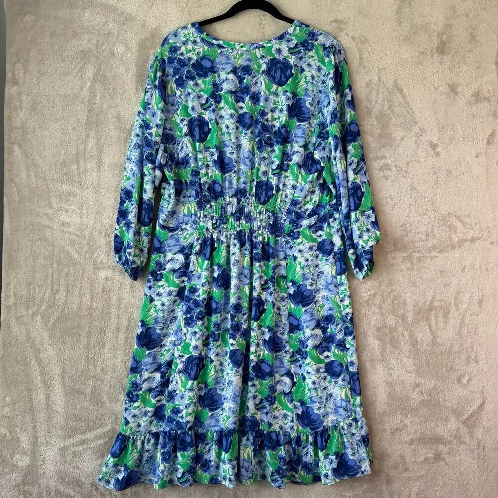 Talbots Dress Womens 18 Blue Green Floral Smocked Midi Cottagecore Ruffle Hem - Picture 2 of 7